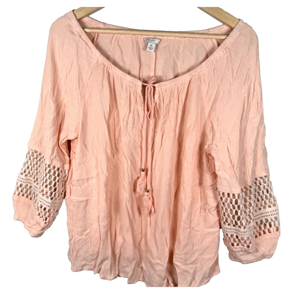 Womens Long Sleeve‎ Crochet Top Tunic Size XL Peasant Boho Lightweight Pink